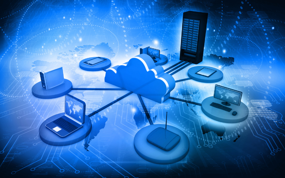 3D illustration depicting a cloud at the center with lines extending outward like a spider graph. The lines connect various components such as PCs, laptops, mobile devices, internet boxes, all projecting out of a server box. The illustration features a blue color scheme, and the background resembles a network of illuminated dots and computer circuit boards.